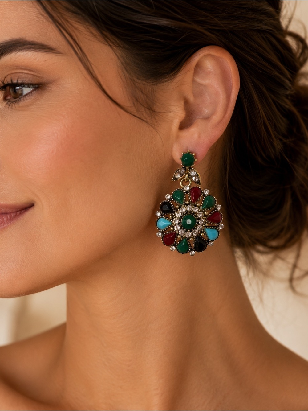 Multi-Color Drop Earrings with Green Accents - Picture 1 of 7